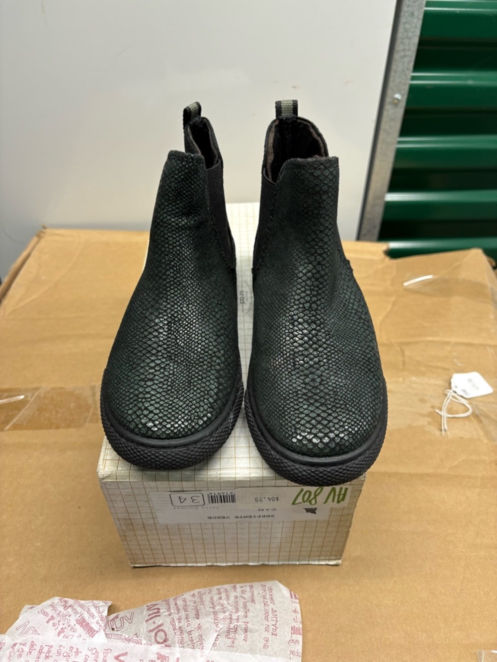 Women’s Snake Print Ankle Boots Green Black Chelsea Slip On Size EU 34 US 4
